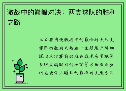 激战中的巅峰对决：两支球队的胜利之路